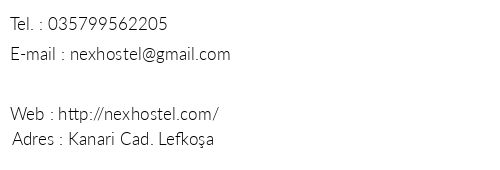 Nex Hostel telefon numaralar, faks, e-mail, posta adresi ve iletiim bilgileri